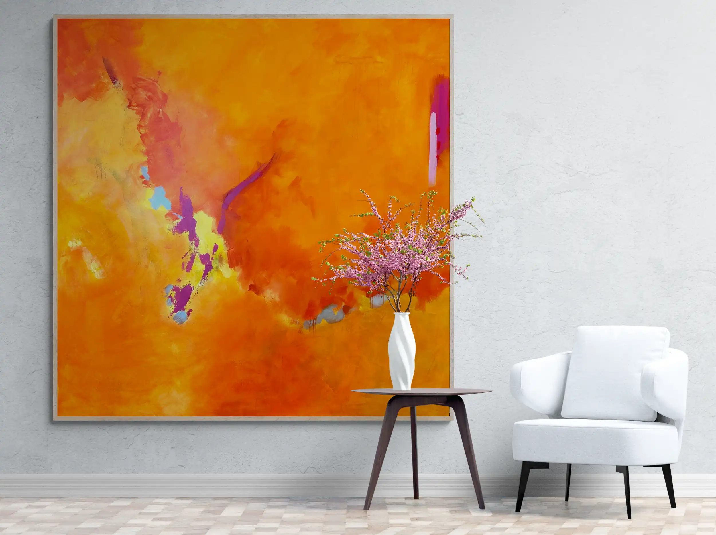 Smoldering 72 x 72 Naples abstracts Art Gallery modern armchair and colorful plant