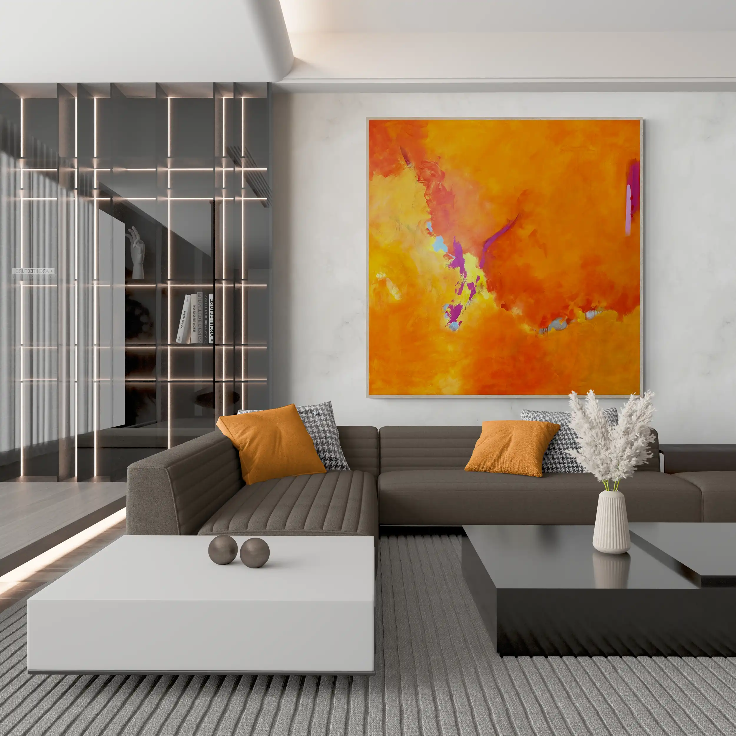 Smoldering 72 x 72 Naples abstracts Art Gallery modern living room with large sofa