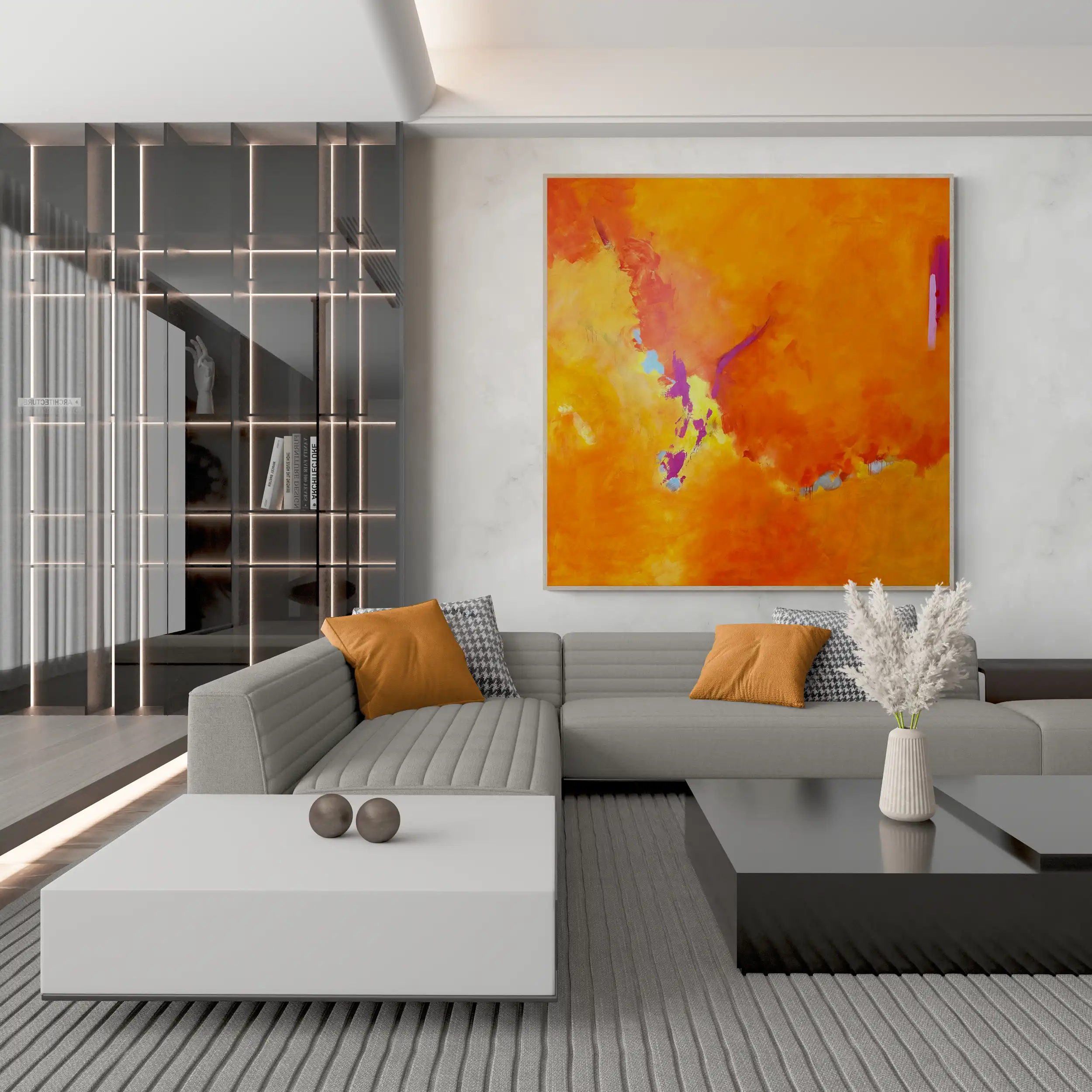 Smoldering 72 x 72 Naples abstracts Art Gallery modern living room with large sofa
