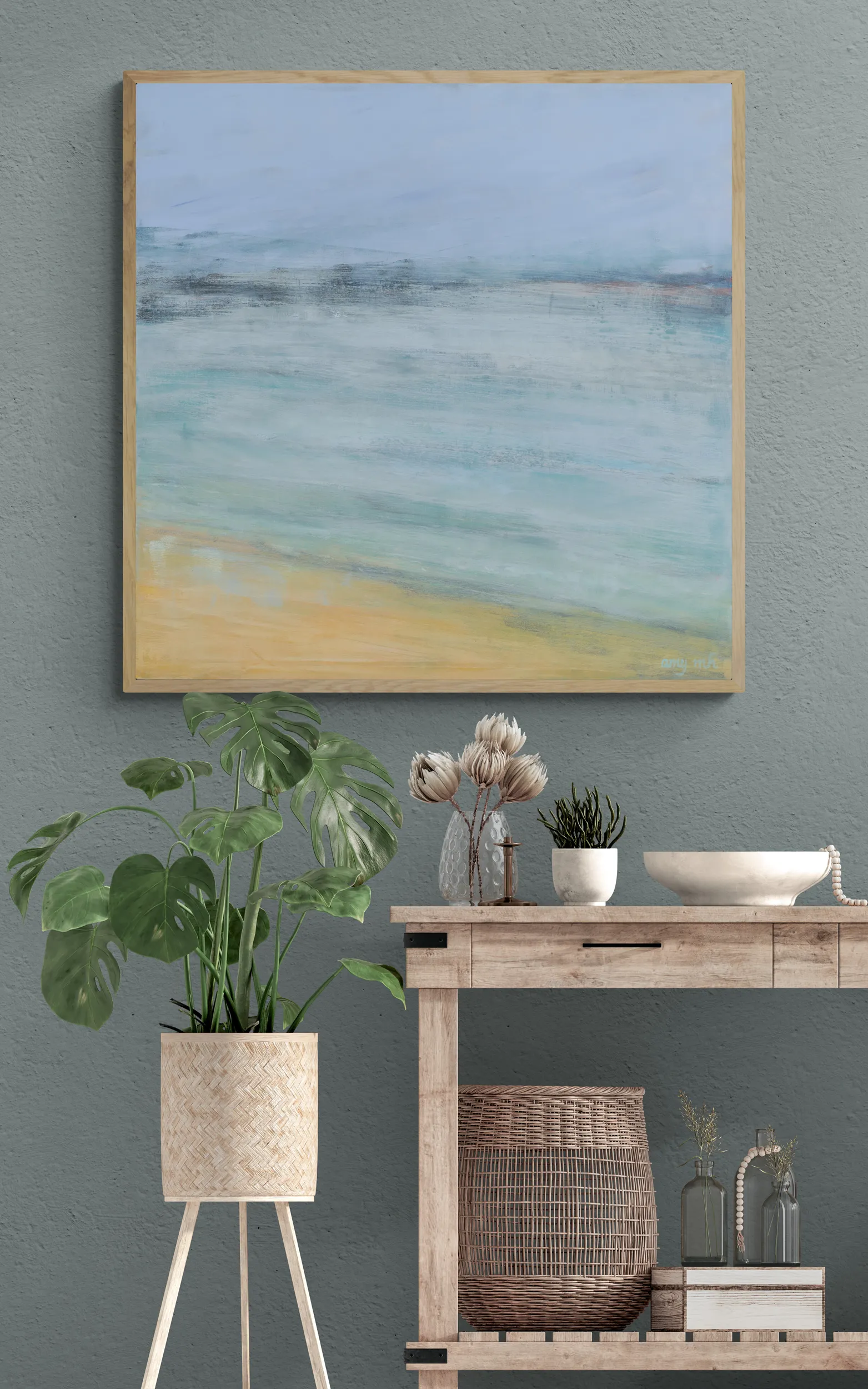  Naples art painting hallway with console table with plants 