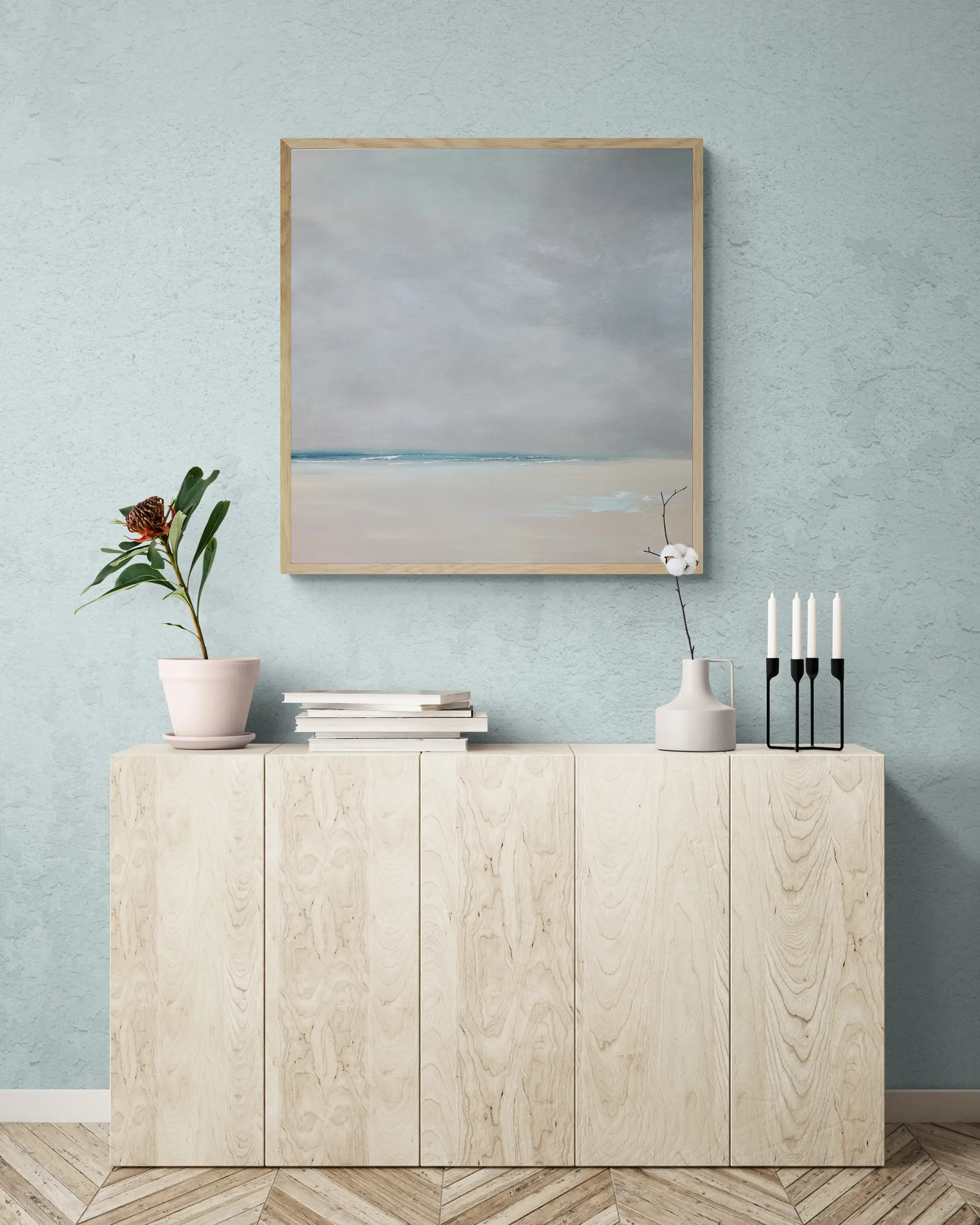 Yesterday (framed) 30 x 30 Naples Art Gallery coastals paintings modern wooden cabinet with plants