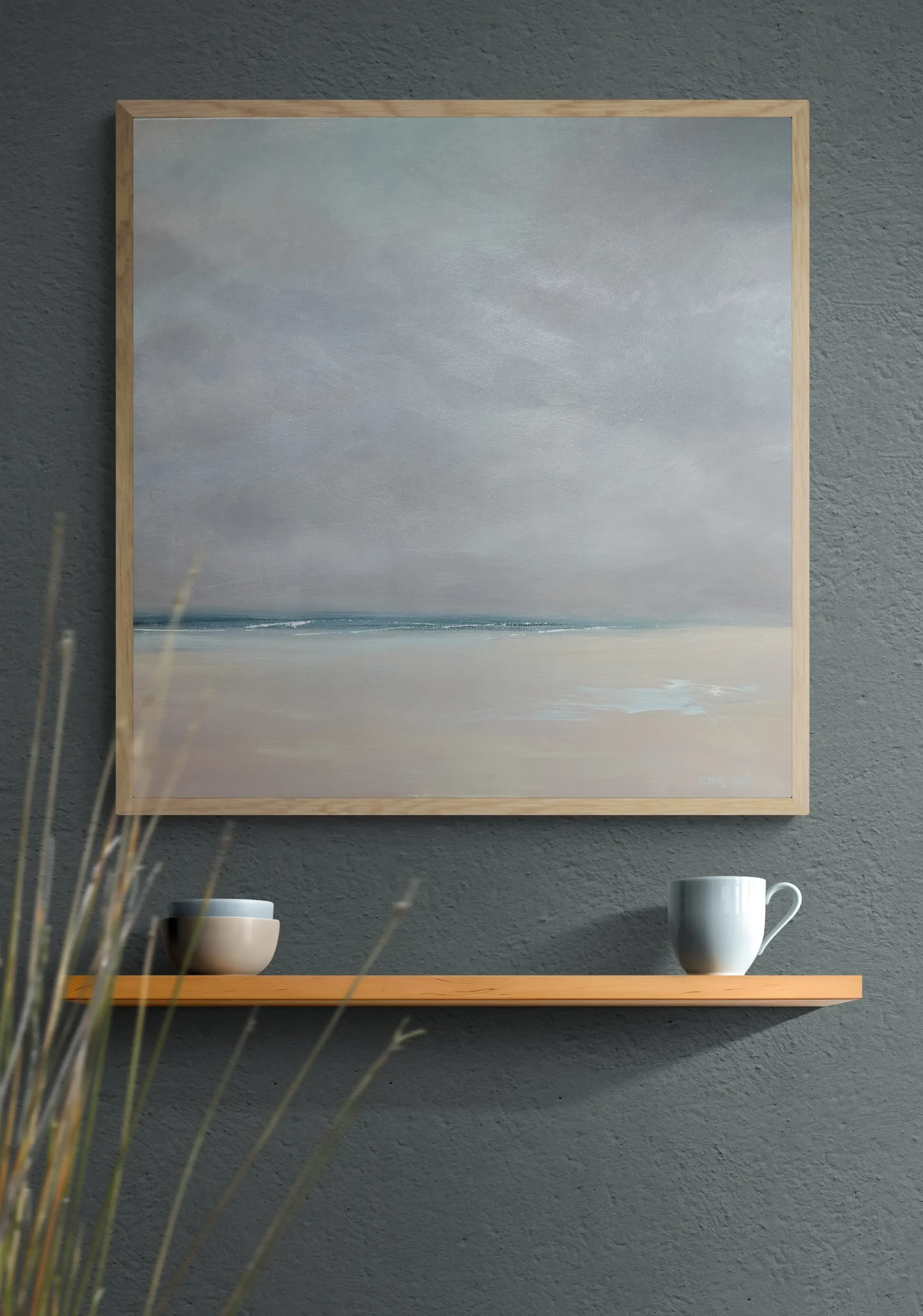 Yesterday (framed) 30 x 30 Naples Art Gallery coastals paintings mug and bowls sitting on wooden shelf scaled