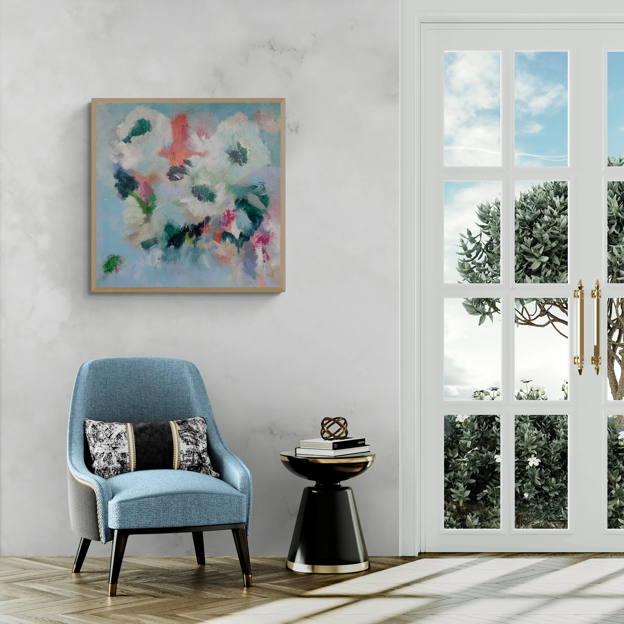 Naples Art living room with armchair and french doors 
