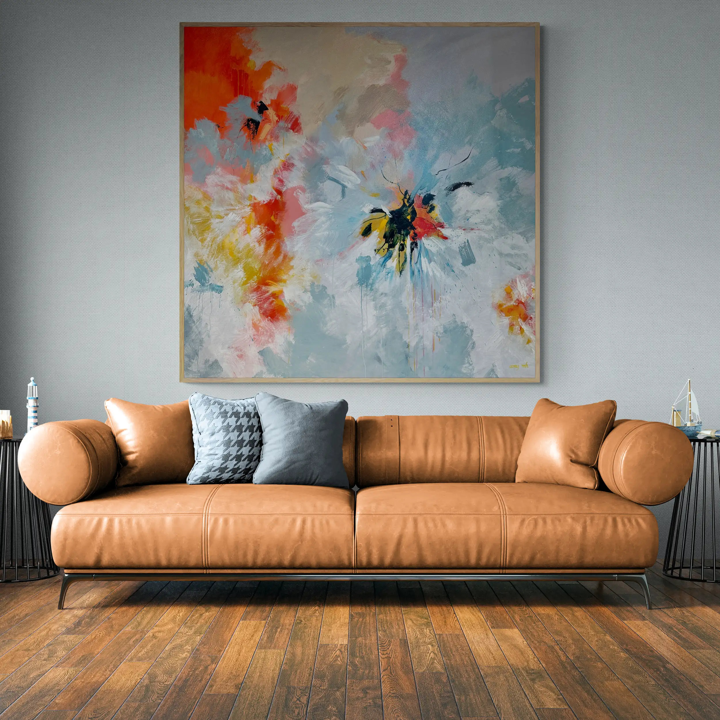 Naples Art living room with large leather sofa 