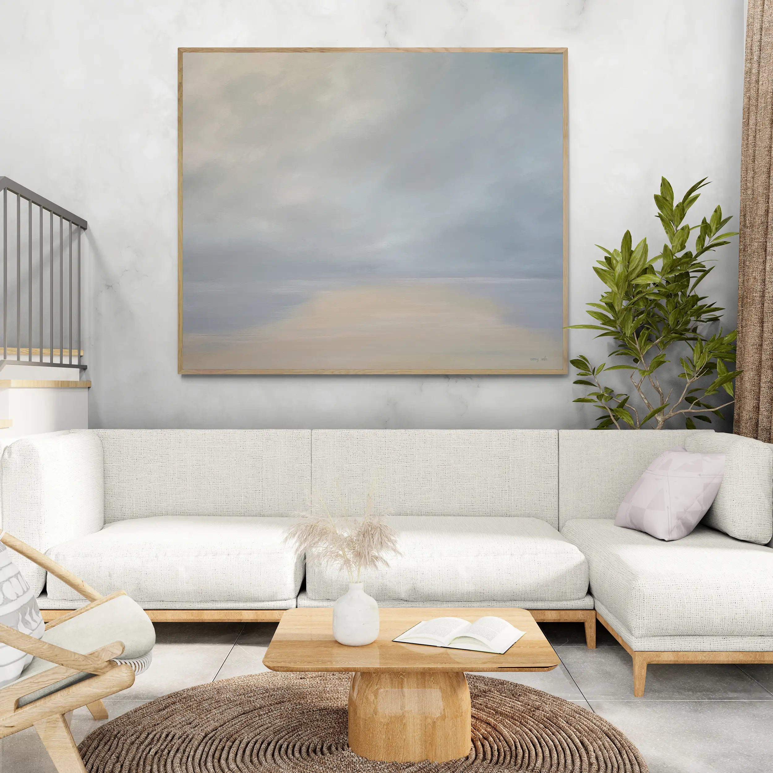Naples Art living room with sofa and leafy plant painting 