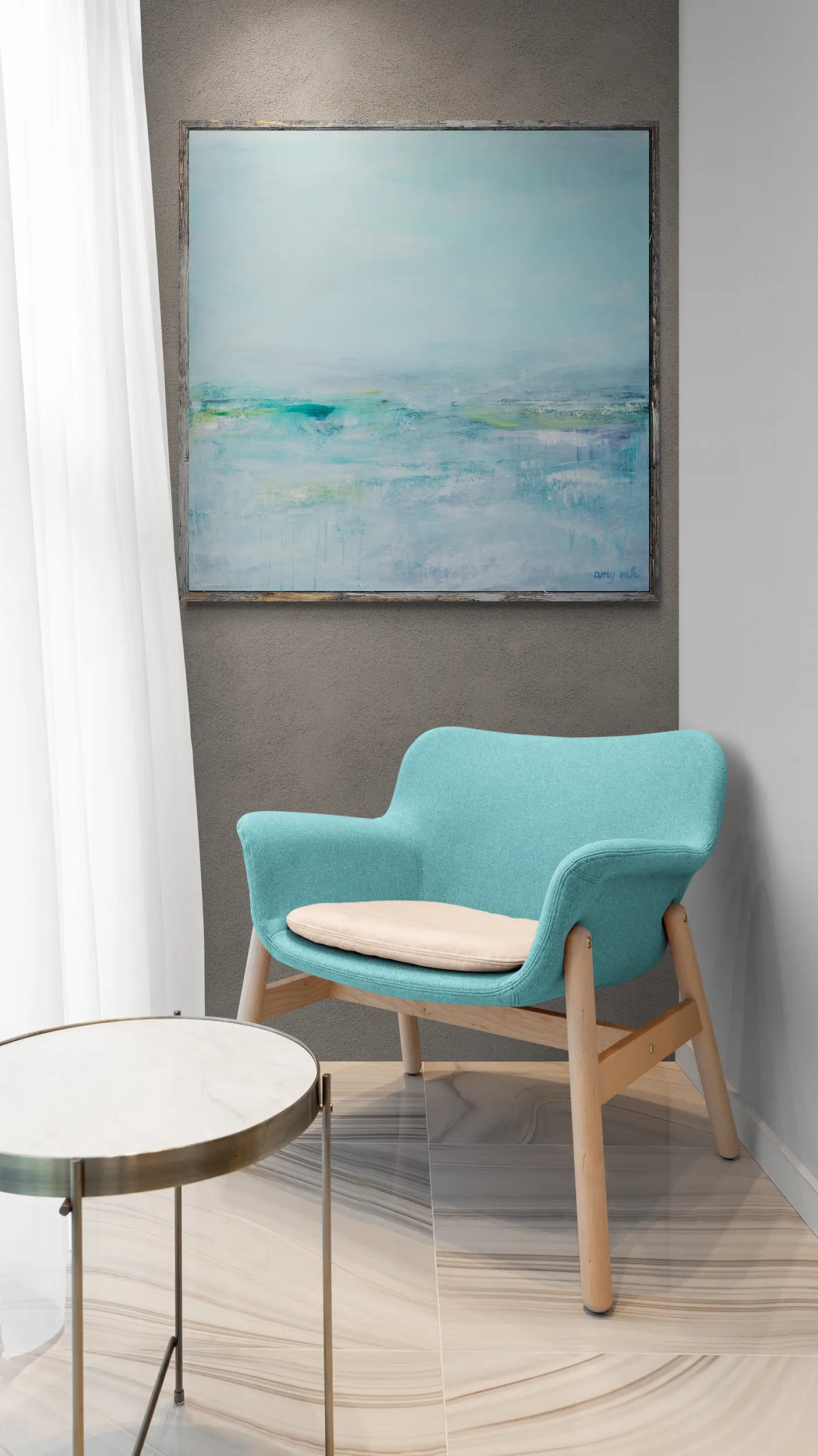 Seafoam 36x36 comfy-chair-next-to-spotlit-wall Naples Art Gallery