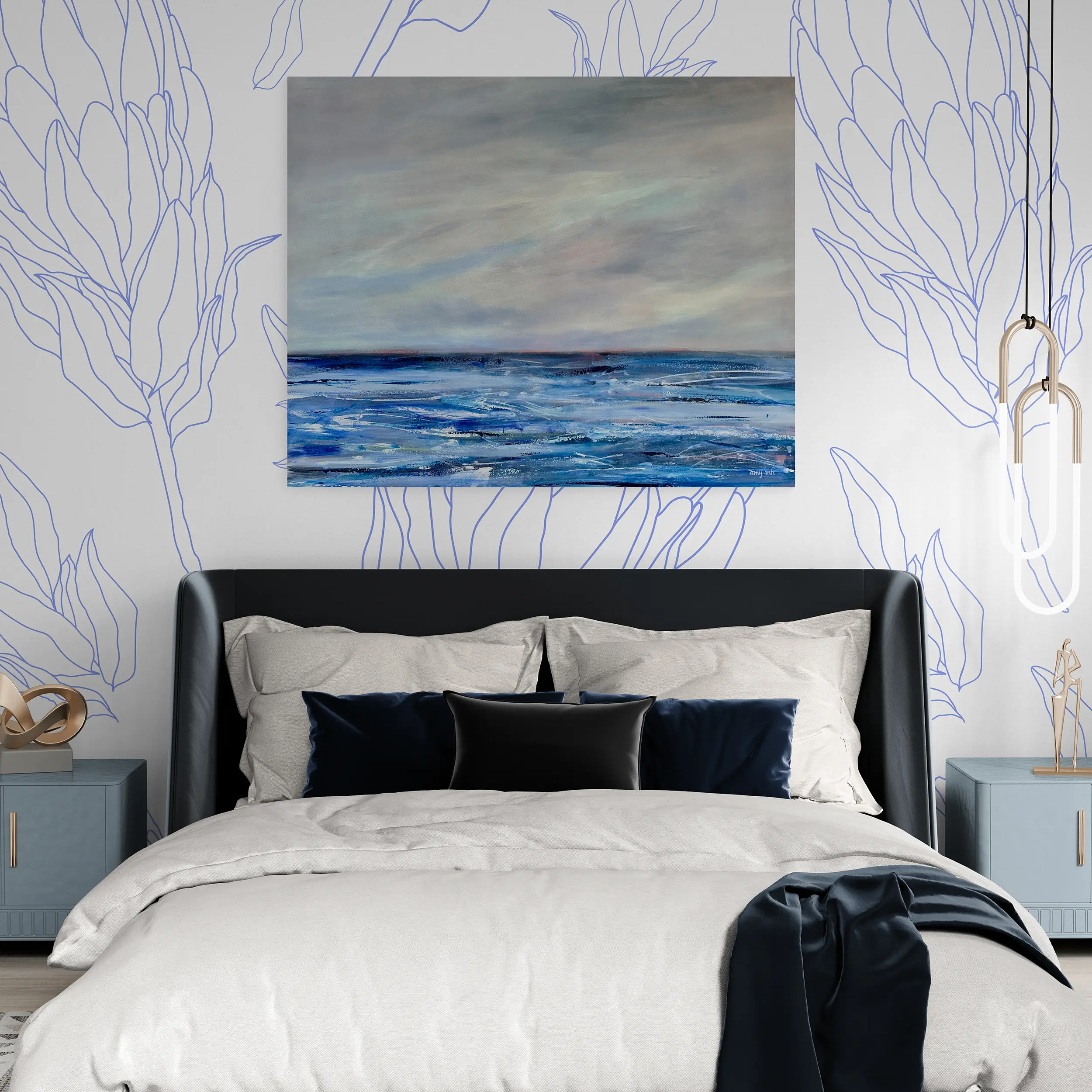 Eternity painting in stylish bedroom with fancy lights, Naples